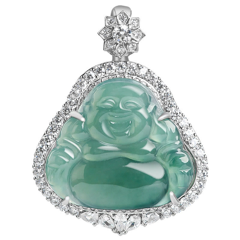 Wear FengShui Laughing Buddha Natural Jade Luck Abundance Titanium Steel Chain Necklace Pendant