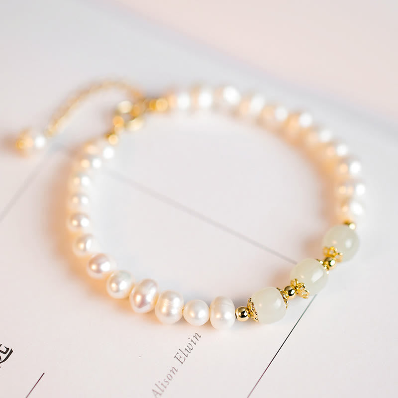 Wear FengShui 14K Gold Plated Natural Pearl Hetian Cyan Jade White Jade Sincerity Bead Chain Bracelet
