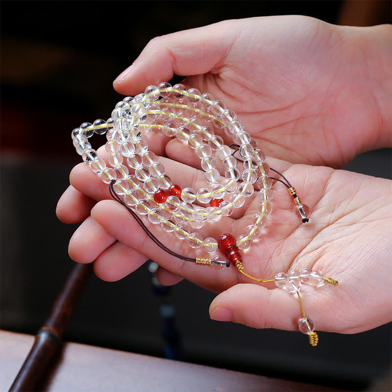 Wear FengShui 108 Mala Beads 925 Sterling Silver Natural White Agate Red Agate Quadruple Wrap Protection Bracelet