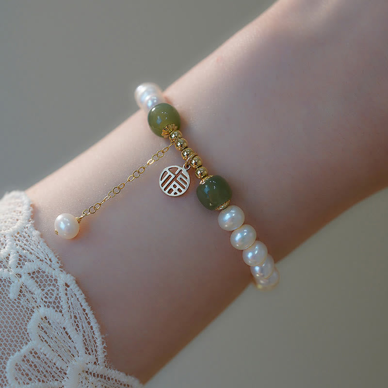 Wear FengShui Natural Pearl Hetian Jade Happiness Wisdom Bead Bracelet