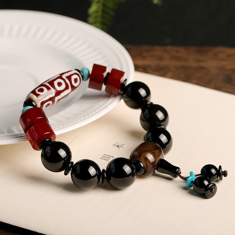 Wear FengShui Tibetan Nine-Eye Dzi Bead Black Onyx Wealth Protection Bracelet