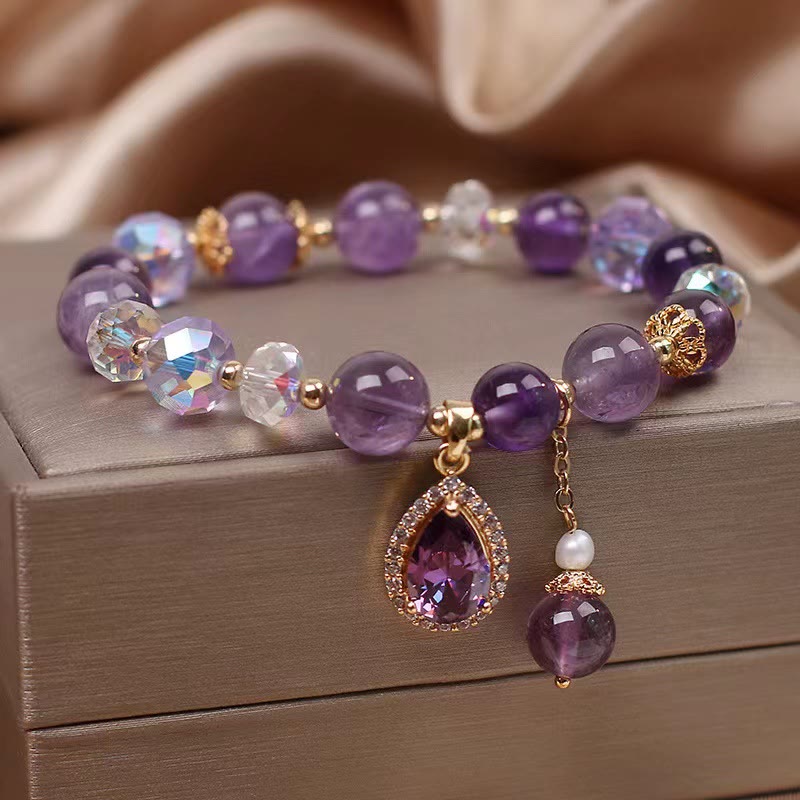 Wear FengShui Natural Amethyst Zircon Love Heart Healing Soul Charm Bracelet