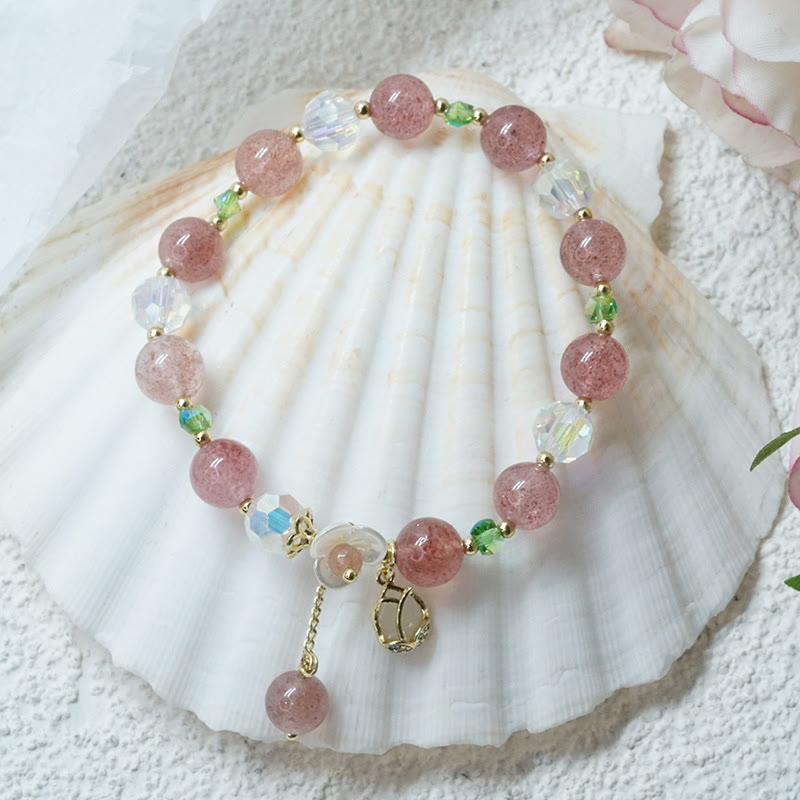 Wear FengShui Strawberry Quartz Rutilated Quartz Fluorite Flower Healing Bracelet