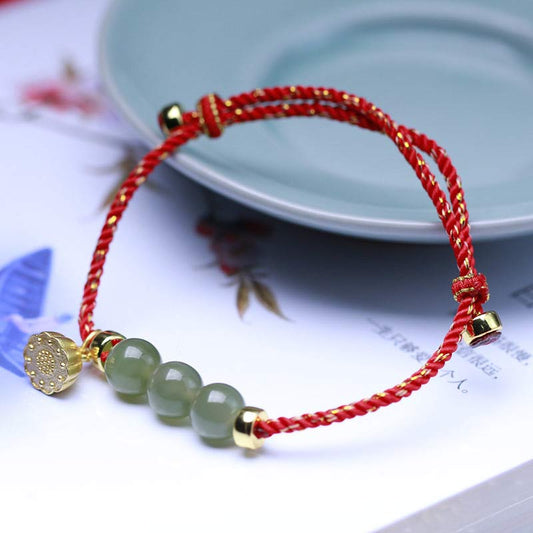Wear FengShui Natural Jade Lotus Seed Strength Red String Weave Bracelet
