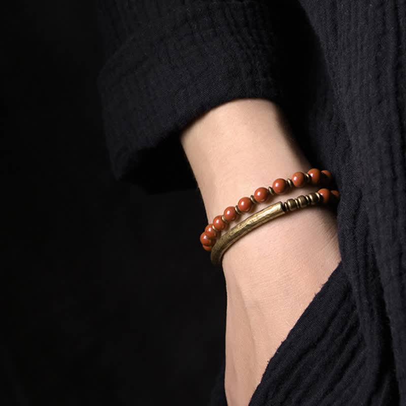 Wear FengShui Red Jasper Moss Agate Black Obsidian Crystal Copper Peace Couple Bracelet