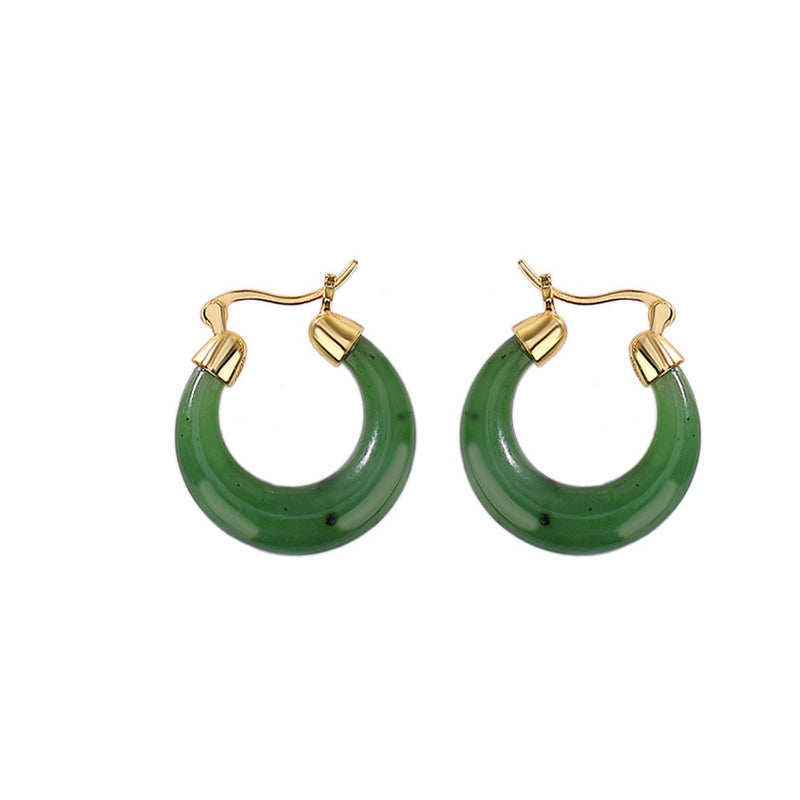 Wear FengShui 925 Sterling Silver Plated Gold Natural Round Hetian Cyan Jade Luck Drop Earrings