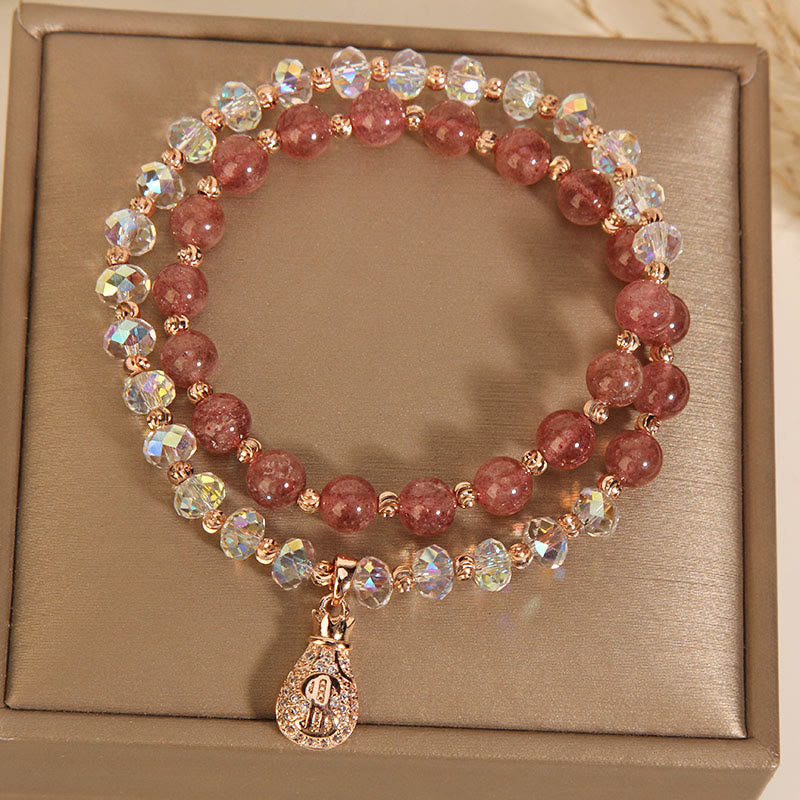 Wear FengShui Strawberry Quartz White Crystal Money Bag Charm Positive Bracelet
