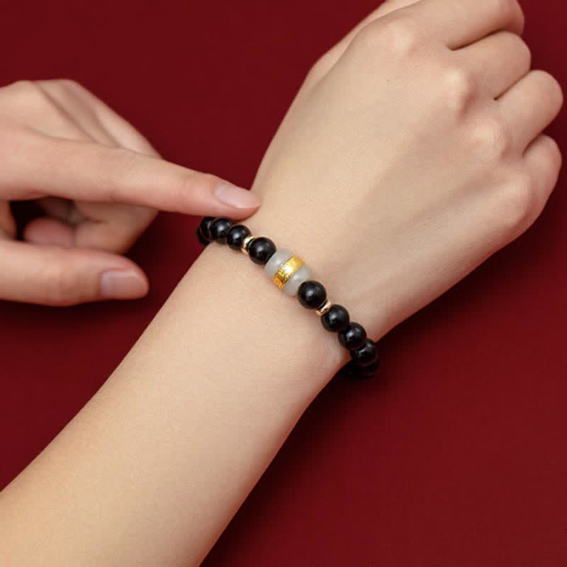 Wear FengShui Black Obsidian Jade Om Mani Padme Hum Strength Couple Magnetic Bracelet