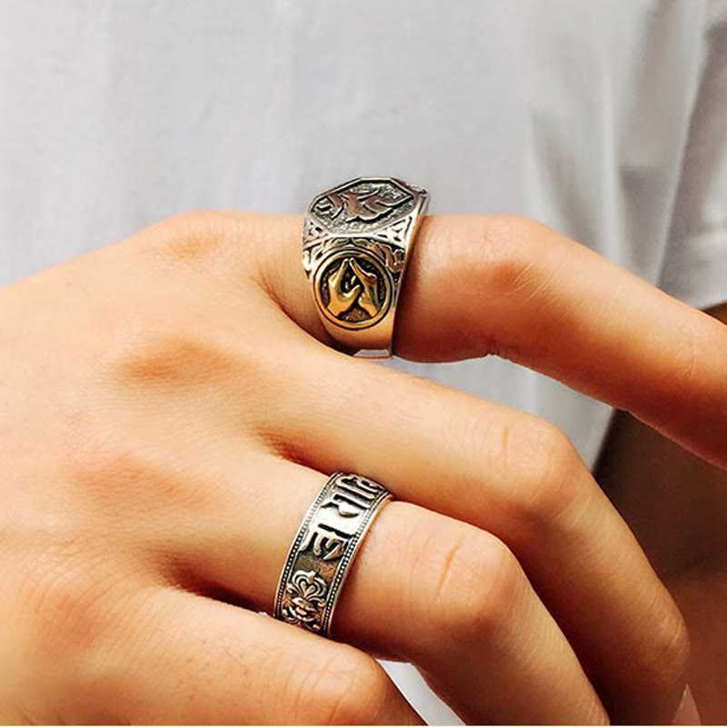 Wear FengShui 925 Sterling Silver Sanskrit Design Carved Protection Adjustable Ring