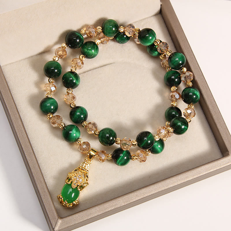 Wear FengShui Tiger Eye Pixiu Fox Money Bag Protection Self Confidence Double Wrap Bracelet