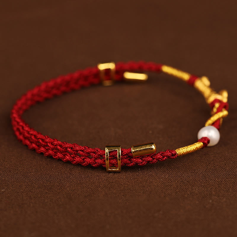 Wear FengShui 24K Gold Wish Ruyi Handle Fu Character Rabbit Pearl Luck Braided Bracelet