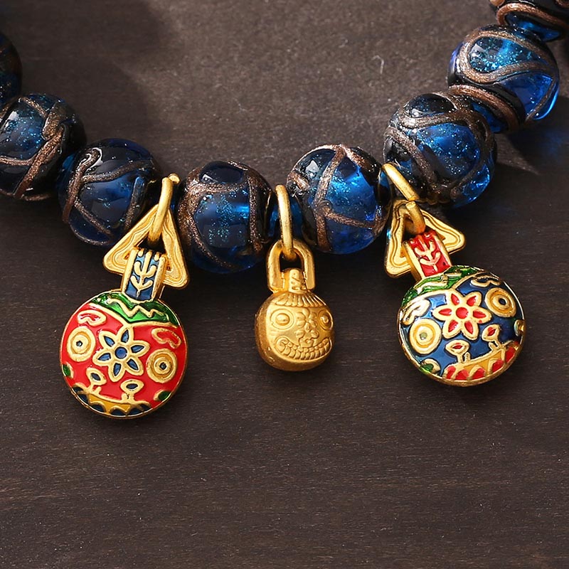 Wear FengShui Gold Swallowing Beast Luck Charm Blue Liuli Glass Bead Fortune Bracelet