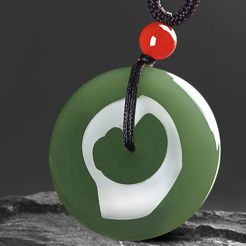 Wear FengShui Natural Round Jade Peace Buckle Prosperity Necklace String Pendant