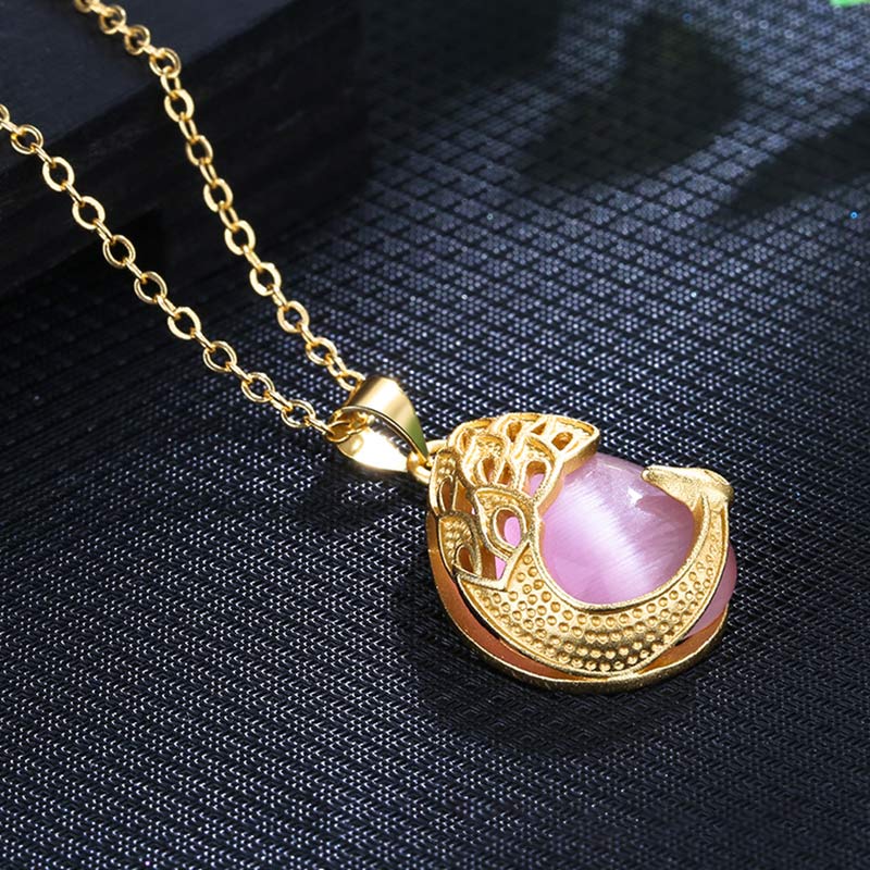 Wear FengShui Pink Crystal Green Chalcedony Peacock Copper Soothing Love Necklace Pendant