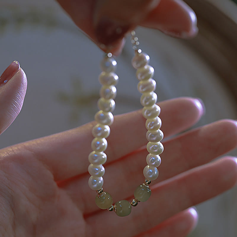 Wear FengShui 14K Gold Plated Natural Pearl Hetian Cyan Jade White Jade Sincerity Bead Chain Bracelet