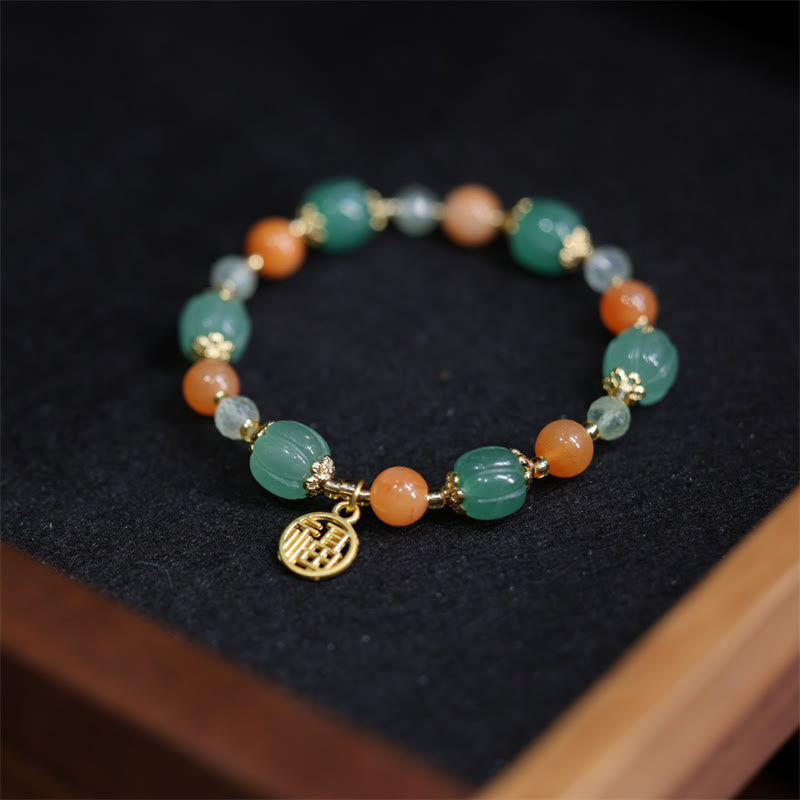 Wear FengShui Natural Golden Silk Jade Pumpkin Bead Fu Character Charm Wealth Bracelet