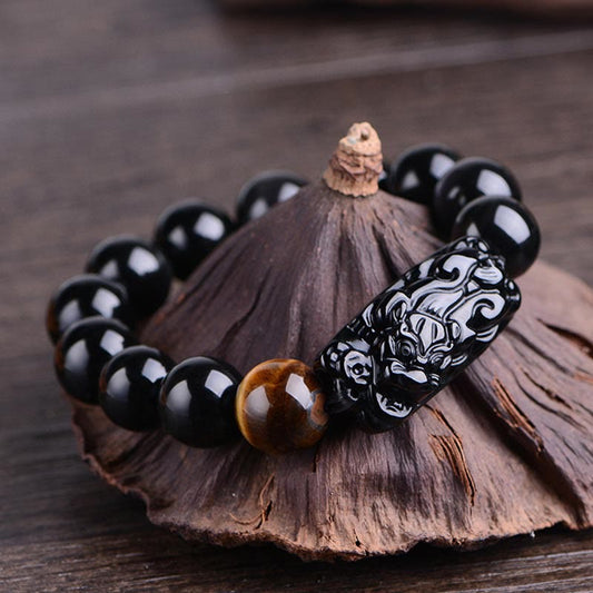 Wear FengShui Natural Black Obsidian PiXiu Tiger's Eye Strength Bracelet