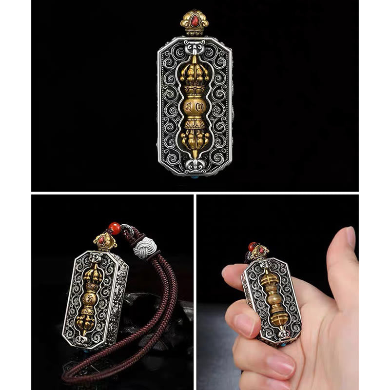 Wear FengShui Tibetan Om Mani Padme Hum Carved Dorje Vajra Rotatable Lotus Pattern Purity Rope Necklace Pendant