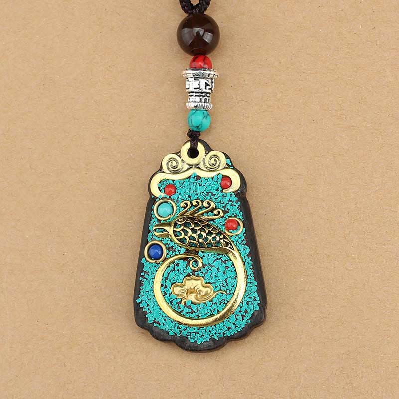 Wear FengShui Tibet God Of Wealth Money Tree Golden Phoenix Thangka Ebony Peace Necklace Pendant