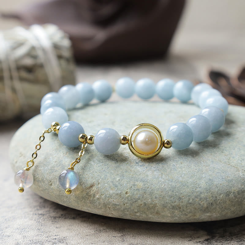 Wear FengShui Aquamarine Pearl Healing Moonstone Beads Charm Bracelet