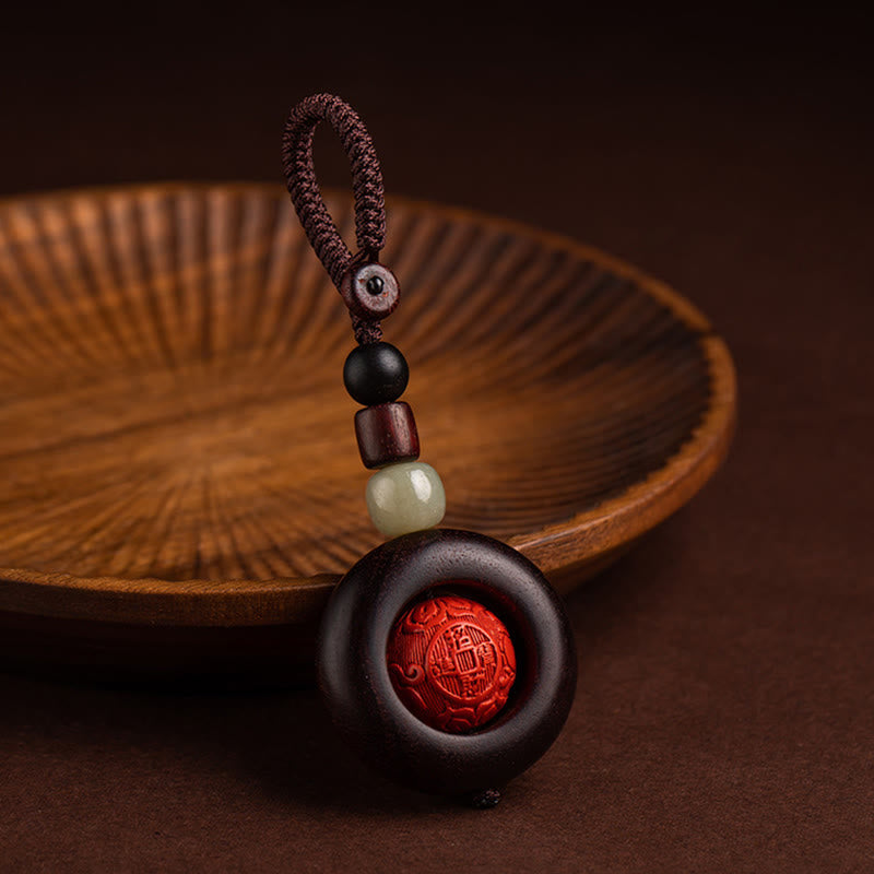 Wear FengShui Tibet Om Mani Padme Hum PiXiu Copper Coin Small Leaf Red Sandalwood Cinnabar Protection Key Chain