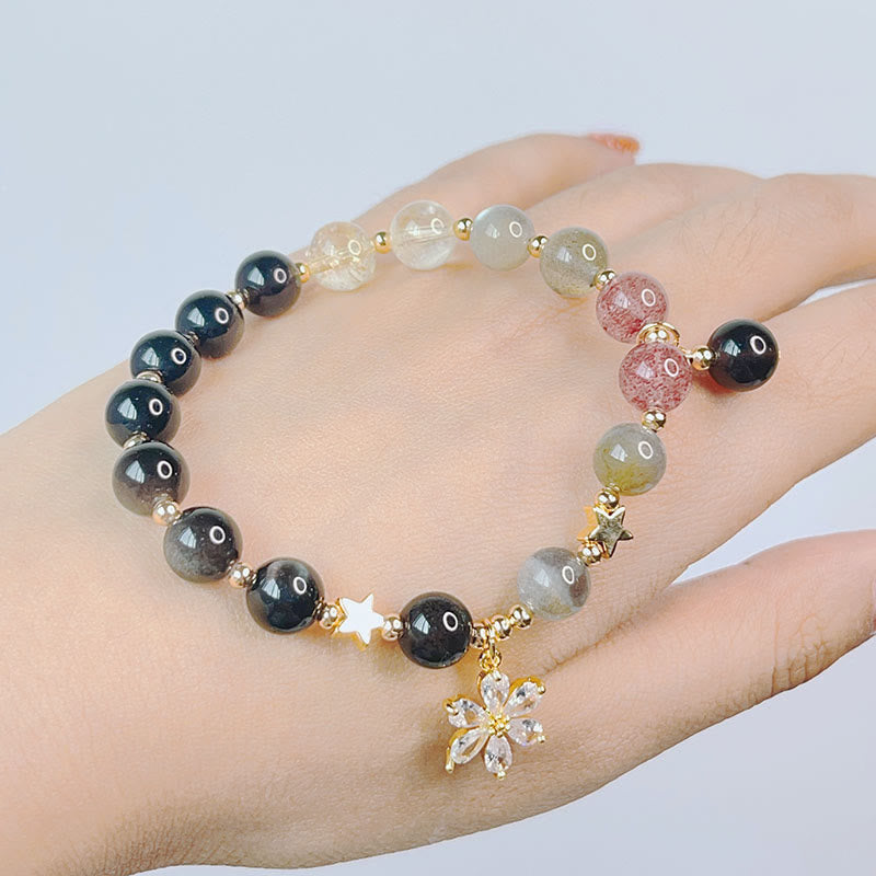 Wear FengShui Natural Silver Sheen Obsidian Love Heart Star Flower Protection Bracelet