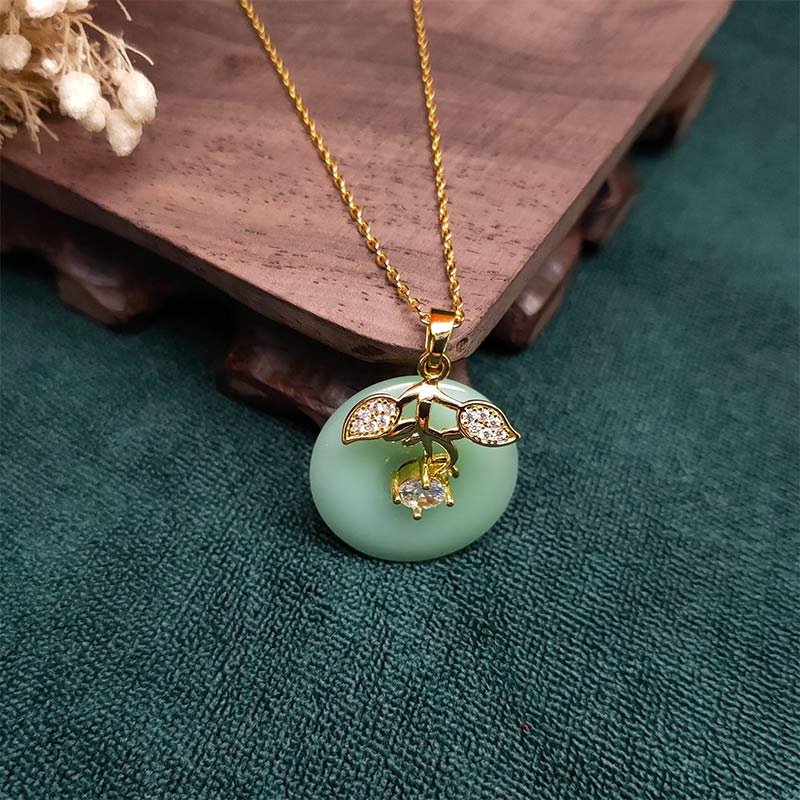 Wear FengShui Round Jade Leaf Blessing Fortune Necklace Chain Pendant