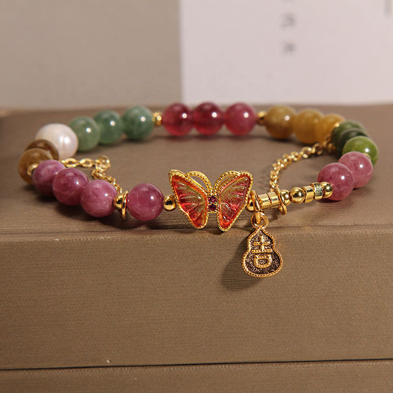 Wear FengShui Natural Colorful Tourmaline Butterfly Auspicious Character Gourd Charm Positive Bracelet