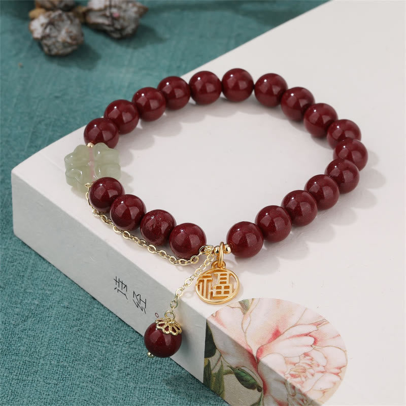 Wear FengShui Cinnabar Fu Character Hetian Jade Lucky Four Leaf Clover Blessing Bracelet
