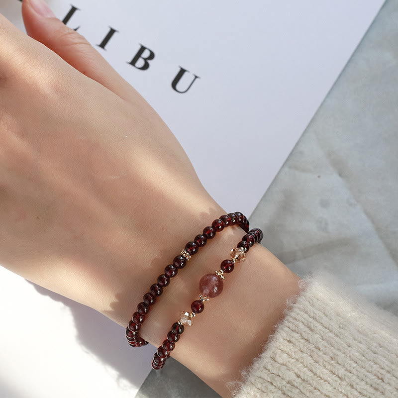 Wear FengShui 14K Gold Plated Natural Garnet Strawberry Quartz Stability Double Wrap Bracelet