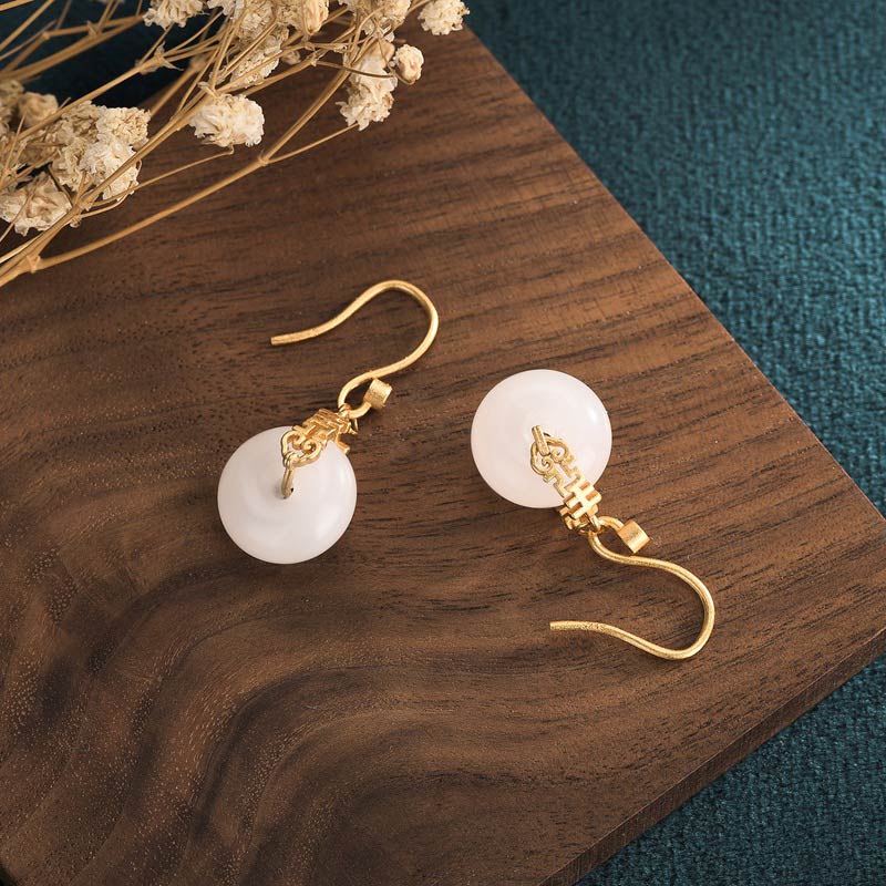 Wear FengShui White Jade Double Happiness Fortune Earrings