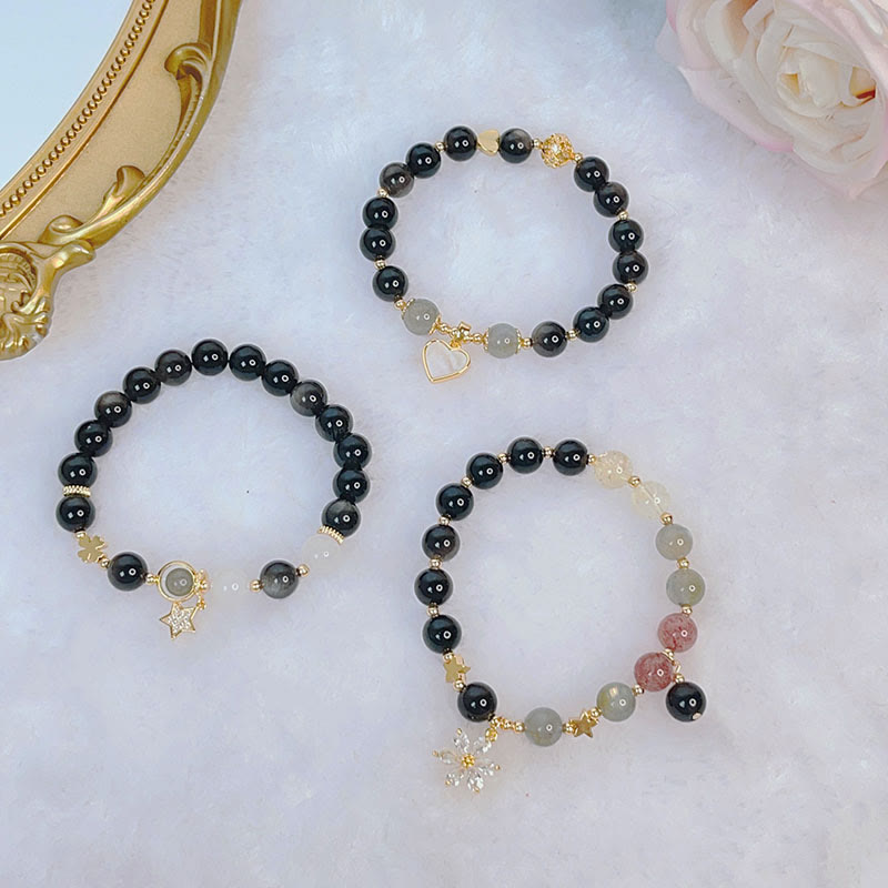 Wear FengShui Natural Silver Sheen Obsidian Love Heart Star Flower Protection Bracelet