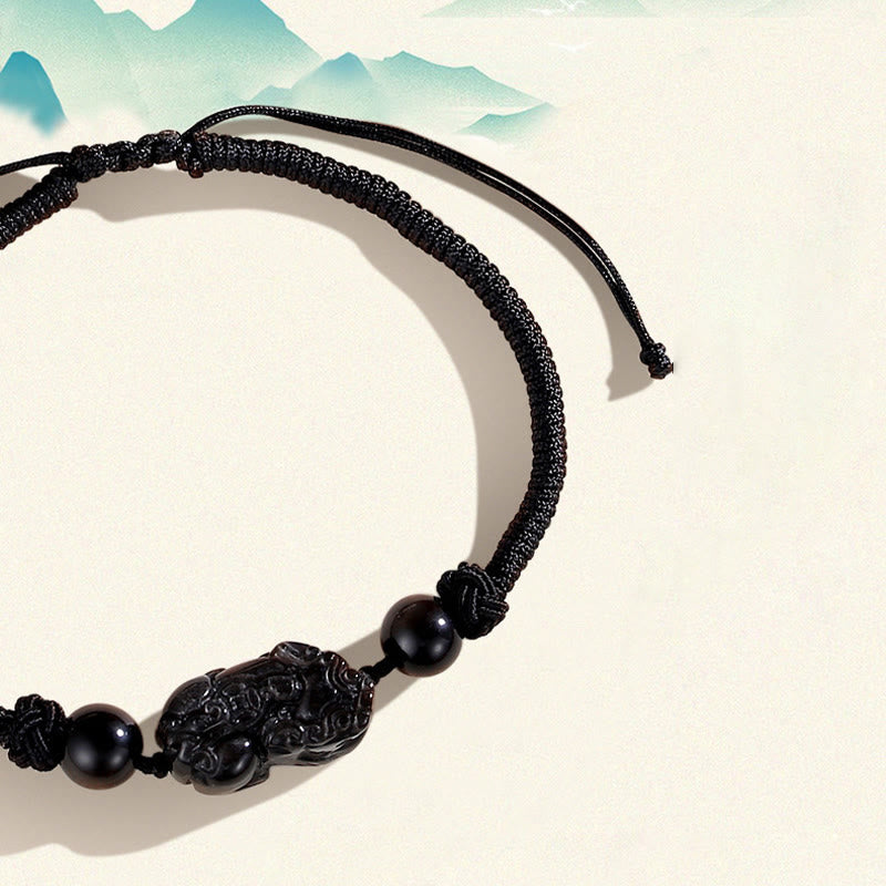 Wear FengShui Handmade Natural Silver Sheen Obsidian Strawberry Quartz PiXiu Protection Braided Bracelet
