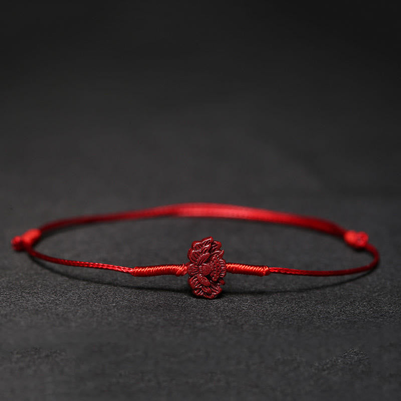 Wear FengShui Handmade Plum Blossom Four Leaf Clover PiXiu Lotus Koi Fish Cinnabar Blessing Braid Bracelet