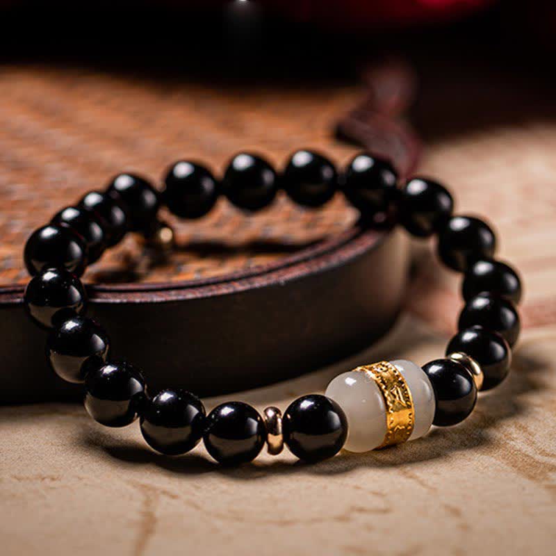 Wear FengShui Black Obsidian Jade Om Mani Padme Hum Strength Couple Magnetic Bracelet