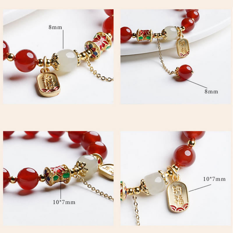 Wear FengShui Natural Red Agate Hetian Jade Fu Character Confidence Charm Bracelet