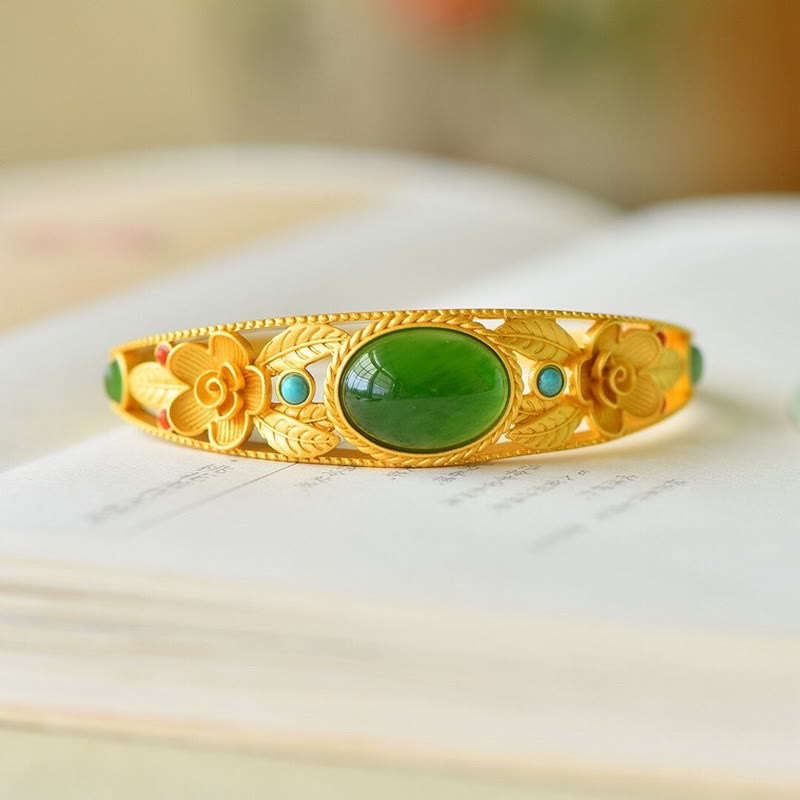 Wear FengShui Cyan Jade White Jade Flower Leaf Harmony Luck Bracelet Bangle
