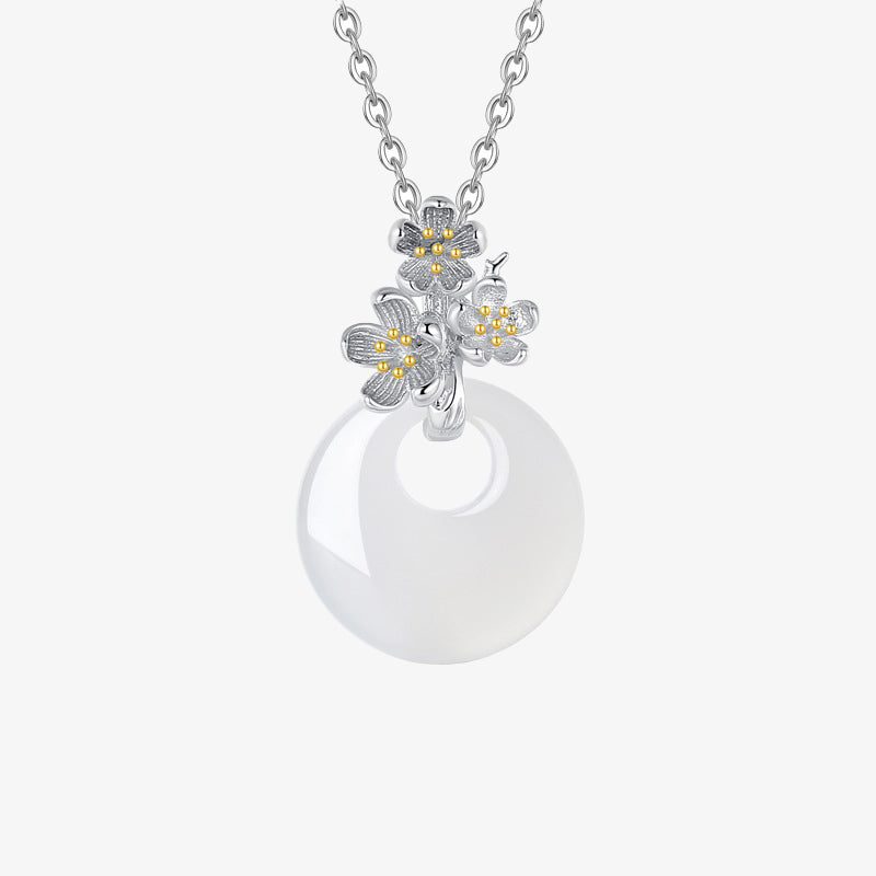 Wear FengShui 925 Sterling Silver Round Chalcedony Twelve Months Flower Harmony Necklace Pendant
