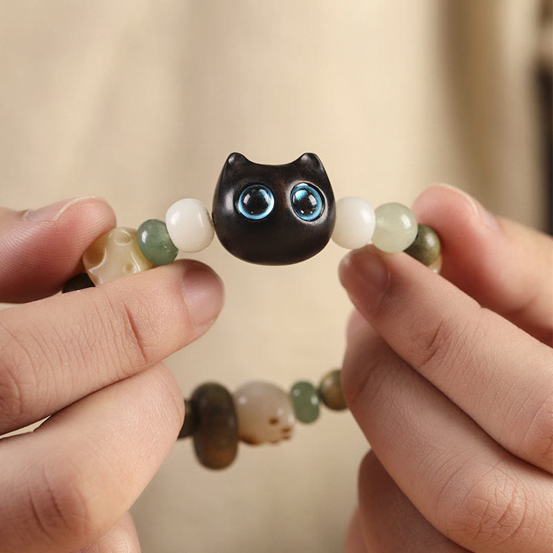 Wear FengShui Bodhi Seed Green Sandalwood Ebony Wood Small Leaf Red Sandalwood Cat Head Paw Claw Peace Bracelet
