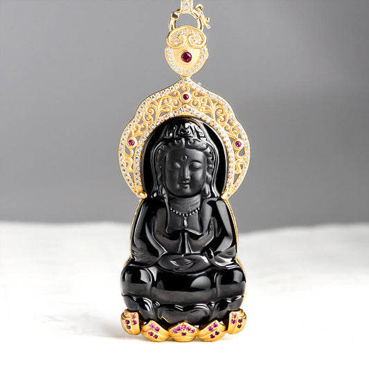 Wear FengShui Natural Black Jade Kwan Yin Avalokitesvara Wealth Titanium Steel Chain Necklace Pendant
