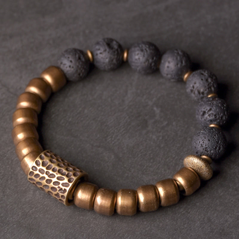 Wear FengShui Lava Rock Stone Rainbow Obsidian Brass Support Healing Bracelet