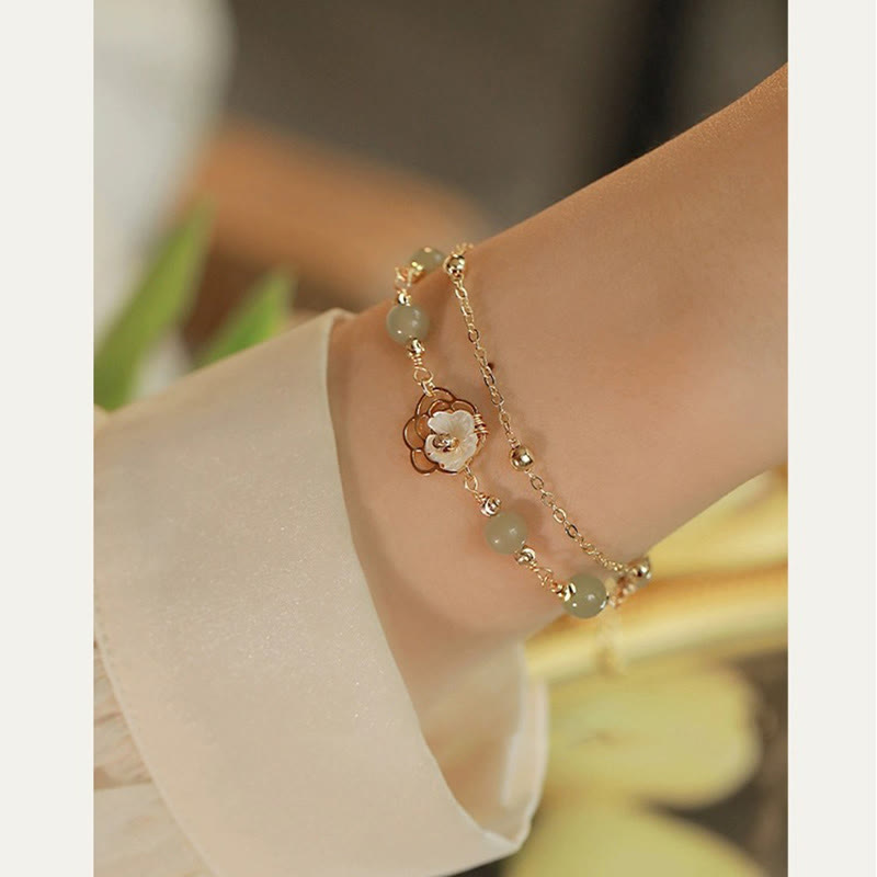Wear FengShui 14K Gold Plated Jade Butterfly Tridacna Stone Flower Double Layer Luck Bracelet