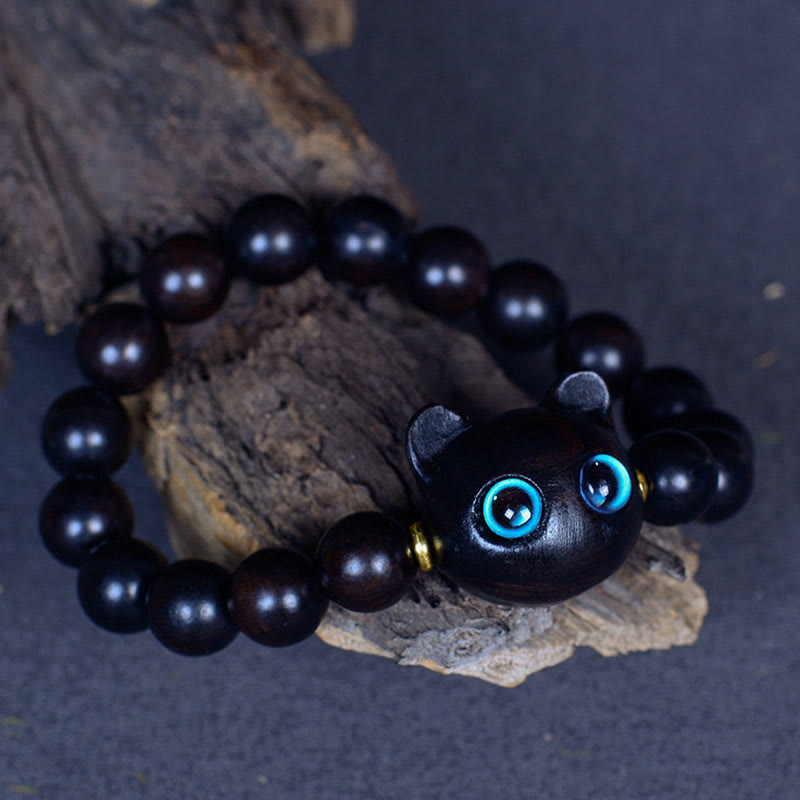 Wear FengShui Ebony Wood Liuli Glass Lovely Cat Peace Balance Bracelet