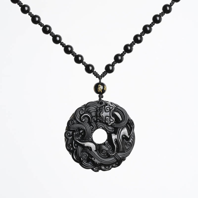Wear FengShui Natural Black Obsidian Peace Buckle Pixiu Purification Necklace Pendant