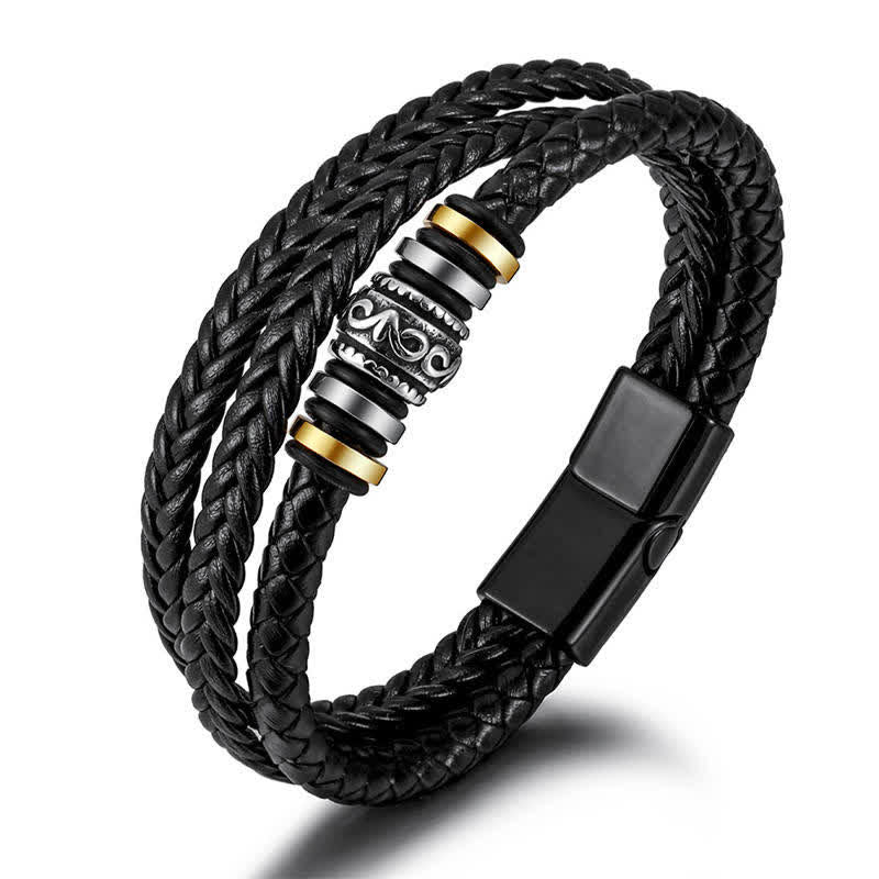 Wear FengShui Leather Layered Titanium Steel Balance Braided Bracelet