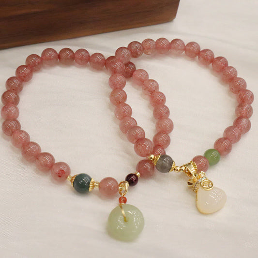 Wear FengShui Natural Strawberry Quartz Jade Peace Buckle Coin Purse Healing Bracelet