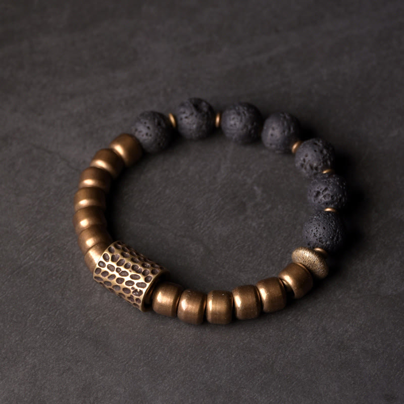 Wear FengShui Lava Rock Stone Rainbow Obsidian Brass Support Healing Bracelet