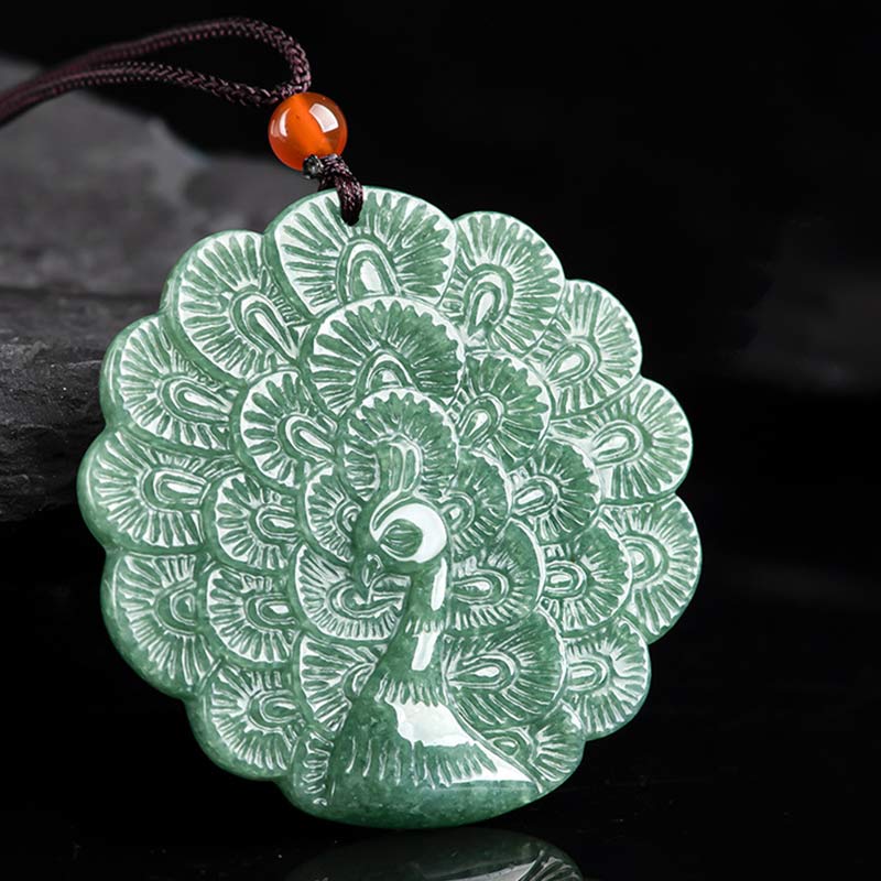Wear FengShui Natural Jade Peacock Luck Prosperity Necklace Pendant