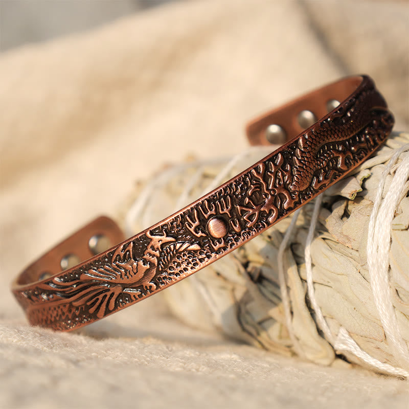 Wear FengShui Dragon Phoenix Magnetic Solid Copper Cuff Bracelet Bangle