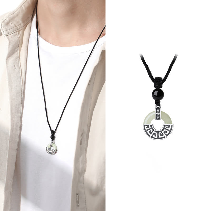 Wear FengShui 925 Sterling Silver Natural Hetian Jade Peace Buckle Prosperity Necklace Pendant